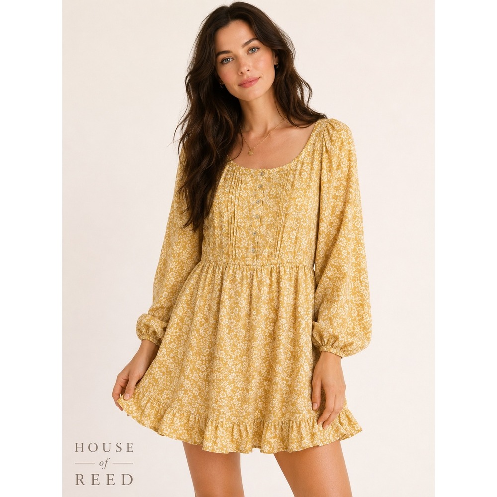 Jodifl Mustard Yellow Floral Babydoll Tunic Top‎ Long Sleeve Ruffle Hem B8091 M